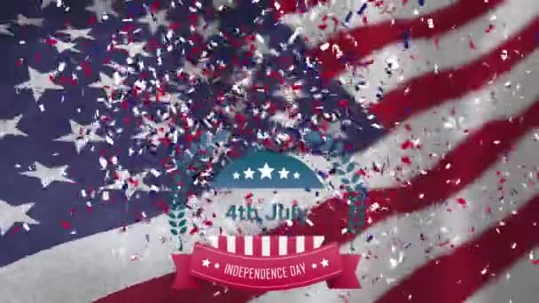 Animation Text 4Th July Red White Blue Confetti Falling Waving — Stock Video