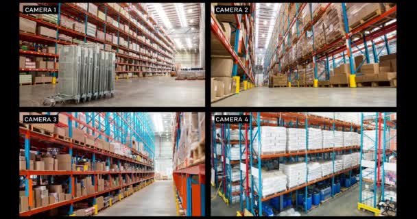 Composite Views Four Security Cameras Different Areas Commercial Warehouse Surveillance — Stock Video