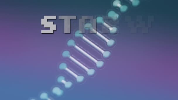 Animatie Van Witte Pixel Tekst Start Roterende Dna Streng Paarse — Stockvideo