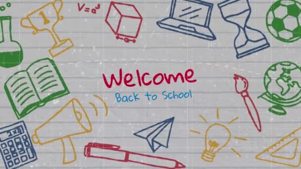 Animation Texte Rentrée Scolaire Bienvenu Icônes Colorées Sur Fond Blanc — Video