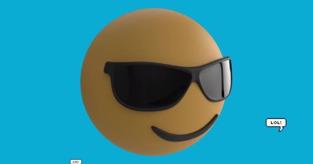 Animation Emoji Icon Sunglasses Lol Text Blue Background Global Social — Stock Video