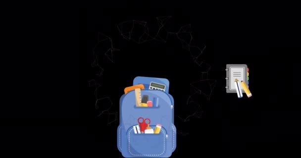 Animation Des Rucksacks Über Schulsachen Symbole Und Netzwerk Von Verbindungen — Stockvideo