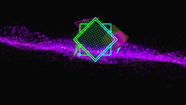黒い背景に輝く紫色のメッシュとネオン幾何学的形状のアニメーション 色パターンや動きの概念をデジタルで生成し — ストック動画