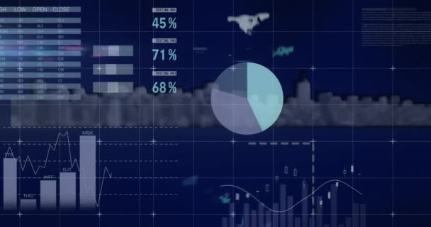 Animatie Van Verwerking Van Financiële Gegevens Stadsgezicht Mondiaal Business Connecties — Stockvideo