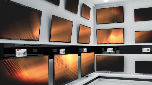 一排排的电视屏幕闪烁着橙色光芒的动画 全球通信和技术概念数字生成视频 — 图库视频影像