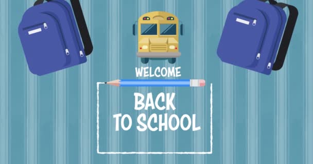 Animation Back School Text School Items Εικονίδια Μπλε Φόντο Εκπαίδευση — Αρχείο Βίντεο