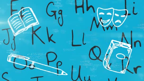 Mavi Arkaplanda Matematiksel Denklemlere Karşı Yüzen Okul Konsepti Simgeleri Alfabeler — Stok video