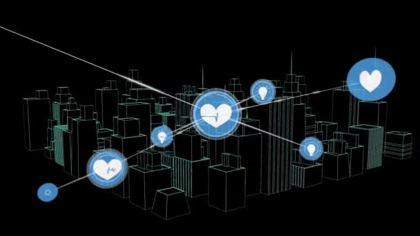 Animación Redes Conexiones Con Iconos Sobre Dibujo Ciudad Girando Sobre — Vídeo de stock