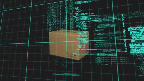Databehandling Nätet Över Leverans Box Faller Mot Svart Bakgrund Affärsidé — Stockvideo