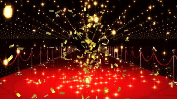 Animatie Van Gouden Confetti Vlamballen Rode Loper Locatie Entertainment Prijsuitreiking — Stockvideo