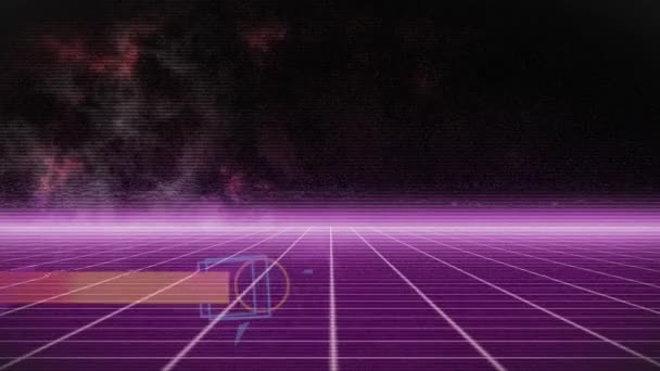 Animatie Van Oranje Spandoek Vervormend Gloeiend Roze Raster Horizon Bewegend — Stockvideo