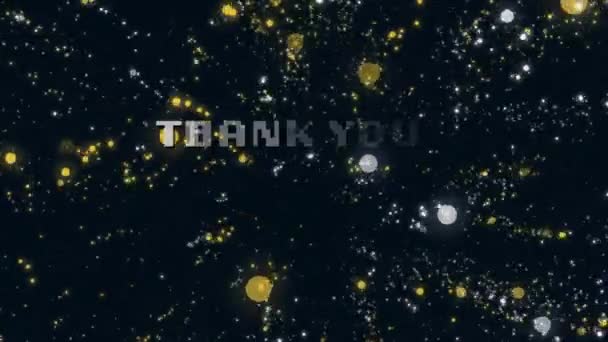 Animation White Pixel Text Thank You White Orange Light Spots — Stock Video