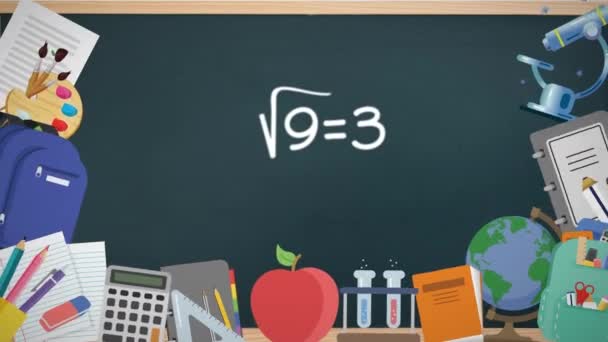 Анимация Школьных Предметов Над Математическими Рисунками Доске Образование Обучение Концепция — стоковое видео