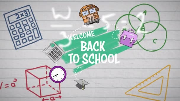 Animación Texto Bienvenida Escuela Coloridos Iconos Sobre Fondo Blanco Concepto — Vídeo de stock
