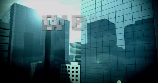 Animação Texto Pixel Branco Wow Sobre Paisagem Urbana Moderna Conceito — Vídeo de Stock