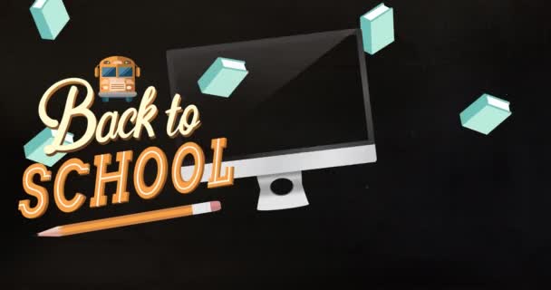 Animação Volta Texto Escola Sobre Ícones Itens Escola Fundo Preto — Vídeo de Stock