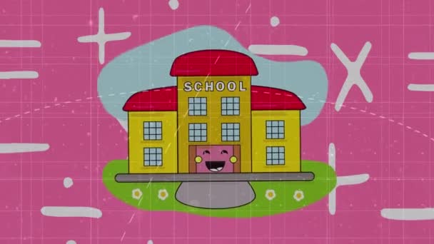 Animation Happy School Building Math Sings Education Learning Concept Digitally — Stock Video