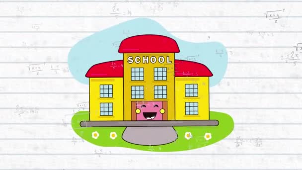 Okul Binasının Dijital Animasyonu Beyaz Çizgili Kağıttaki Matematiksel Denklemlere Karşı — Stok video