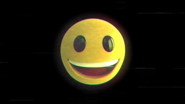 Digital Animasjon Glitch Effekt Smilende Ansikt Emoji Mot Svart Bakgrunn – stockvideo