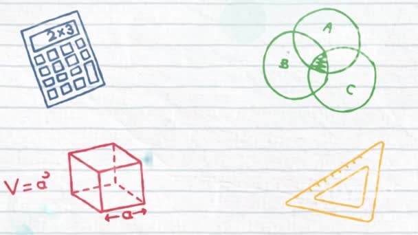 Animação Ícones Itens Escolares Coloridos Desenhos Matemáticos Sobre Linhas Conceito — Vídeo de Stock