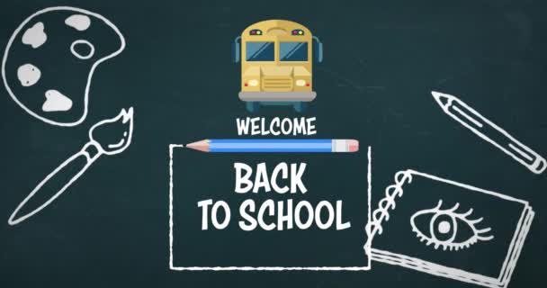 黒板の学校のアイコン上の学校のテキストに戻るのアニメーション 教育と学習の概念をデジタルで生成し — ストック動画