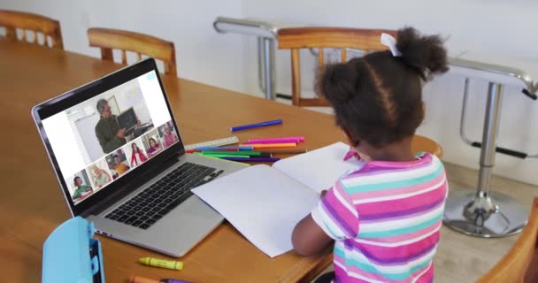Écolière Utilisant Ordinateur Portable Pour Leçon Ligne Maison Avec Divers — Video