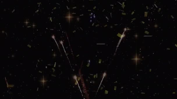 Animazione Coriandoli Oro Che Cadono Fuochi Artificio Che Esplodono Nero — Video Stock