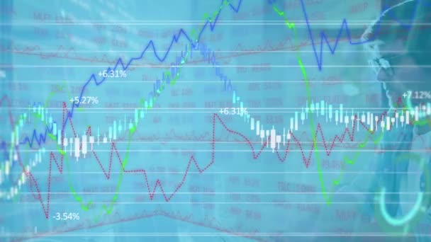 Κινούμενη Εικόνα Της Επεξεργασίας Χρηματοοικονομικών Δεδομένων Έναντι Του Επιχειρηματία Που — Αρχείο Βίντεο