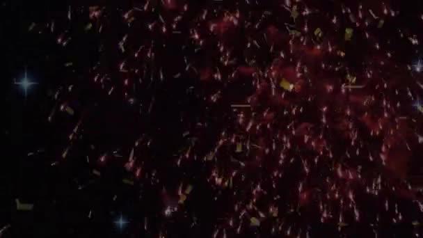 Animação Fogos Artifício Explodindo Ouro Confete Caindo Preto Celebração Festa — Vídeo de Stock