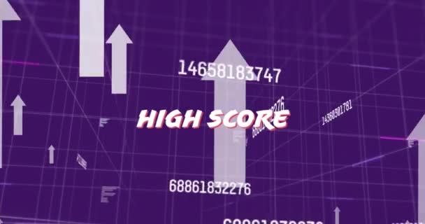 Animation Von Highscore Text Und Pfeilen Über Gitter Und Datenverarbeitung — Stockvideo