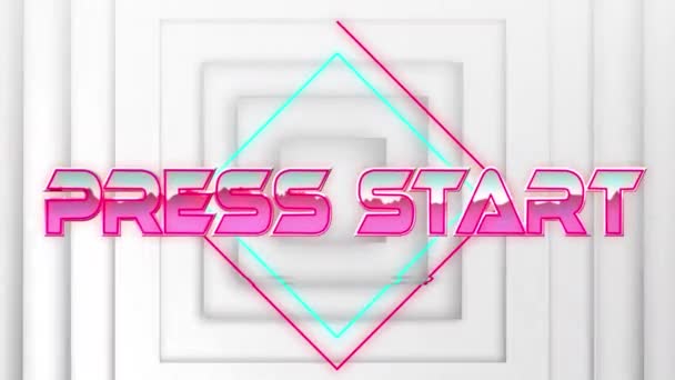 プレス開始テキストのアニメーションピンクの金属 白い正方形のネオンライン上に ビデオゲーム エンターテイメントとデジタルインターフェースの概念デジタル生成されたビデオ — ストック動画