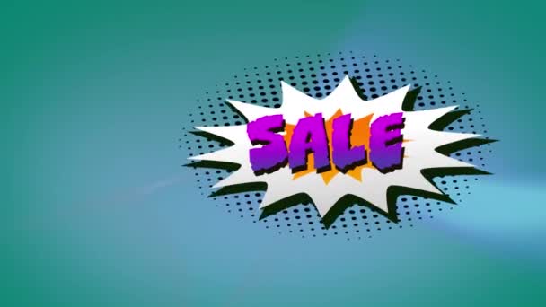 Verkaufstext Über Retro Sprechblase Gegen Blaulichtstreifen Auf Grünem Hintergrund Verkaufsrabatt — Stockvideo