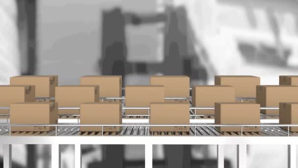 Animatie Van Kartonnen Dozen Die Bewegen Transportbanden Magazijn Global Shipping — Stockvideo