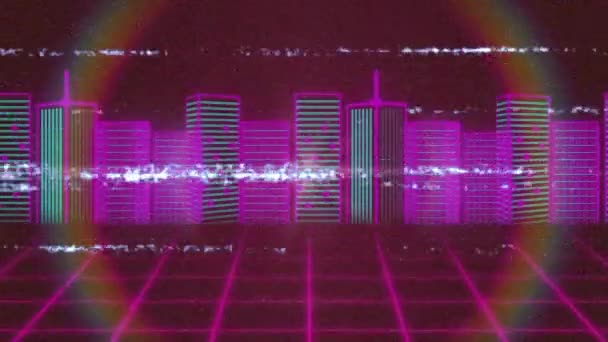 Animation White Lines Interference Rainbow Halo Pink Blue Grid Cityscape — Stock Video