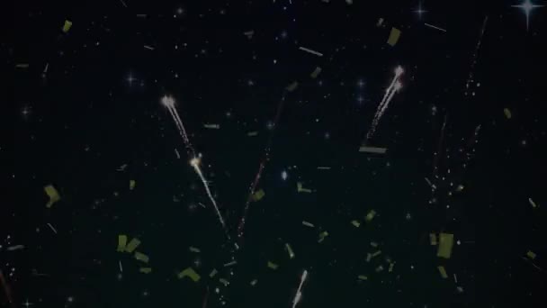 Animazione Fuochi Artificio Esplodenti Coriandoli Cadenti Nero Celebrazione Party Concept — Video Stock