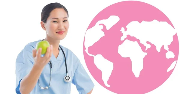 Composition Smiling Female Doctor Pink Globe Logo White Breast Cancer — Stock Photo, Image