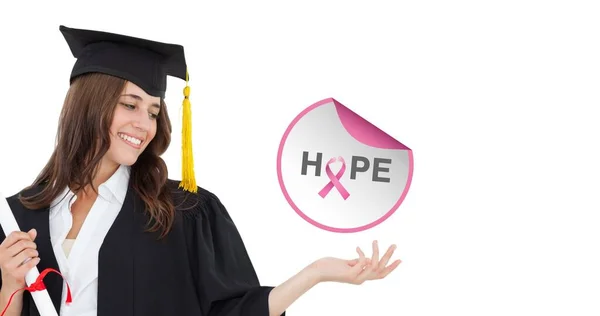 Samenstelling Van Lachende Studente Met Roze Lint Logo Hoop Tekst — Stockfoto
