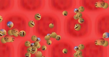 Kırmızı arkaplanda yüzen emoji simgelerinin animasyonu. küresel sosyal medya ve iletişim konsepti dijital olarak oluşturulmuş video.