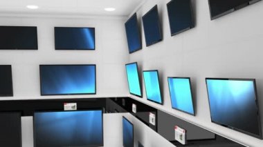 Mağazada parlayan mavi ekranlı sıra dizi televizyon animasyonları. küresel iletişim ve teknoloji konsepti dijital olarak oluşturulmuş video.