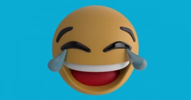 Mavi arka planda gülümseyen emoji simgesinin animasyonu. küresel sosyal medya ve iletişim konsepti dijital olarak oluşturulmuş video.