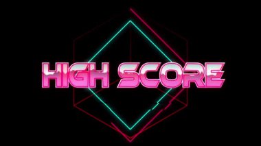 Pembe metalik metin animasyonu yüksek skor, neon çizgileri üzerinde, siyah üzerinde. Video oyunu, eğlence ve dijital arayüz kavramı dijital olarak oluşturuldu.