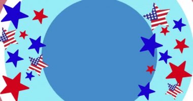 Mavi üzerine kırmızı ve mavi yıldızlar ve Amerikan bayrağı olan mutlu işçi günü metninin animasyonu. Vatanseverlik, bağımsızlık ve kutlama konsepti dijital olarak oluşturulmuş video.