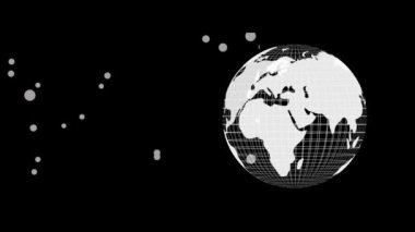 Siyah arka planda dönen beyaz noktaların ve dünyanın animasyonu. küresel sosyal medya, bağlantılar, iletişim ve teknoloji konsepti dijital olarak oluşturulmuş video.