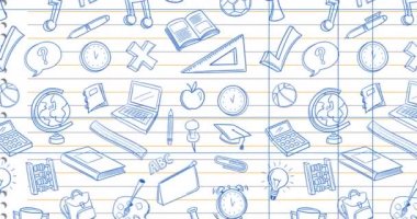 Okul öğeleri simgeleri üzerinden bilim metninin animasyonu. eğitim, geliştirme ve öğrenme konsepti dijital olarak oluşturulmuş video.