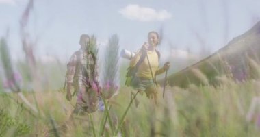 Mutlu Afro-Amerikan çiftin güneşin altında yürüyüş yapmasının animasyonu. Doğa, tatil ve yaz dijital olarak üretilen video.