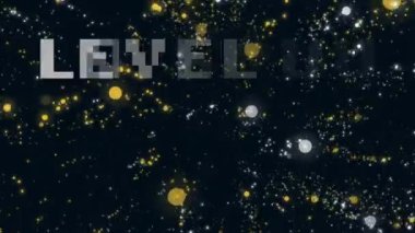 Beyaz piksel metin seviyesinin yükseltilmesi, beyaz ve turuncu ışık noktalarının üzerinde, siyahta. Video oyunu, eğlence ve dijital arayüz kavramı dijital olarak oluşturuldu.