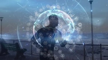 Deniz kıyısında koşan bir adam üzerindeki bağlantı ağlarının küre animasyonu. Spor, spor ve bağlantılar dijital olarak oluşturulmuş video konsepti.