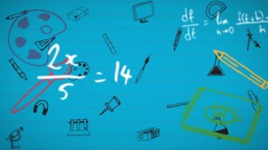 Matematiksel denklemlerin dijital animasyonu beyaz çizgili kağıttaki okul konsept simgelerine karşı. Okula ve eğitim konseptine dönüş