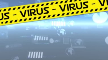 Virüs karantina uyarısı metninin sarı tehlike bandı üzerinde ışık ve veri işleme üzerinden canlandırılması. küresel covid 19 pandemik uyarı konsepti dijital olarak oluşturulmuş video.