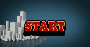 Kırmızı metin animasyonu patlama ve şehir manzarası üzerinden başlıyor. Video oyunu, eğlence ve dijital arayüz kavramı dijital olarak oluşturuldu.